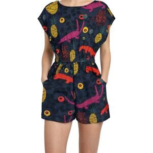 LHD Romper Shorts Faux Wrap Elastic Pineapple Fruits Art Deco Art to Wear S NWT